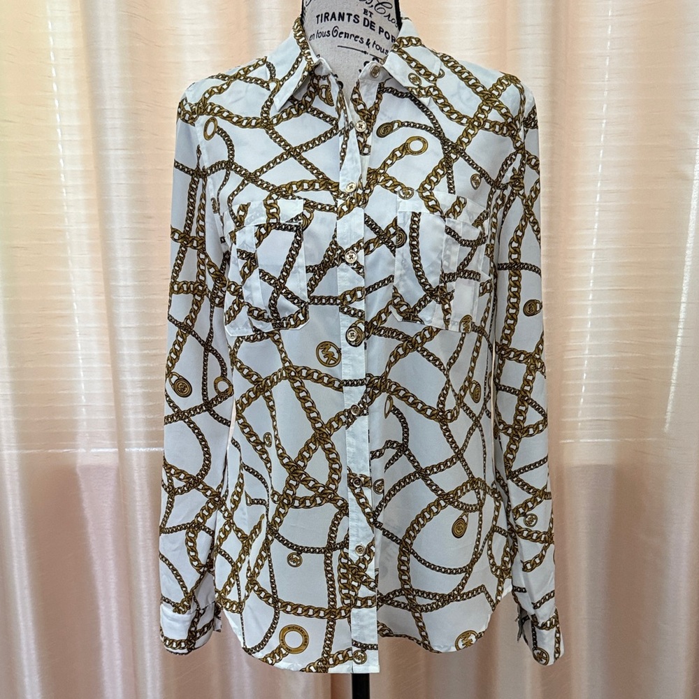 Michael Kors White Gold Chain Pattern Long Roll-Up Sleeve Button Shirt Blouse